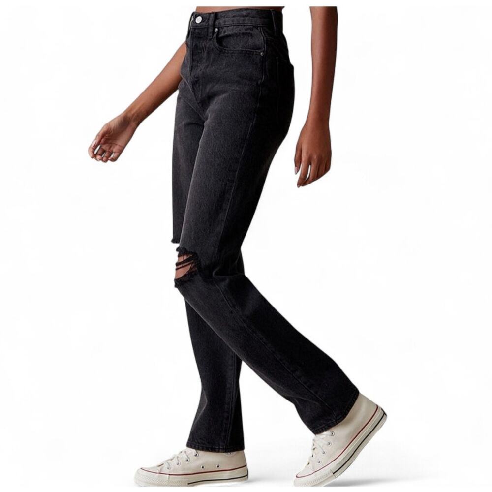 PacSun Eco Charcoal Black Distressed Button Fly High Waist Dad Jeans Size 26